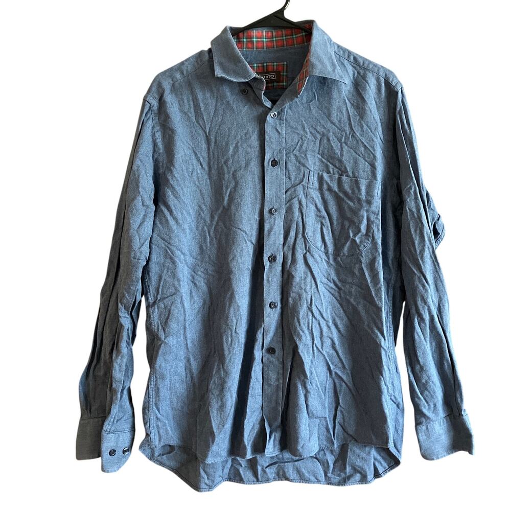 Mirto Mens Shirt Blue Casual Button Down Collared Long Sleeve Cotton Large
